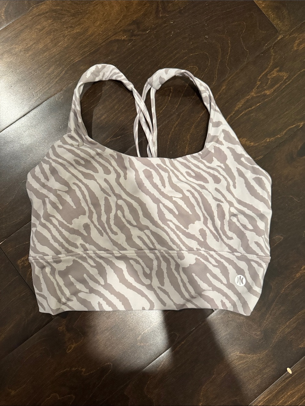 ASTORIA ACTIVEWEAR Zebra-Print Strappy Sports Bra in Pale Taupe and White